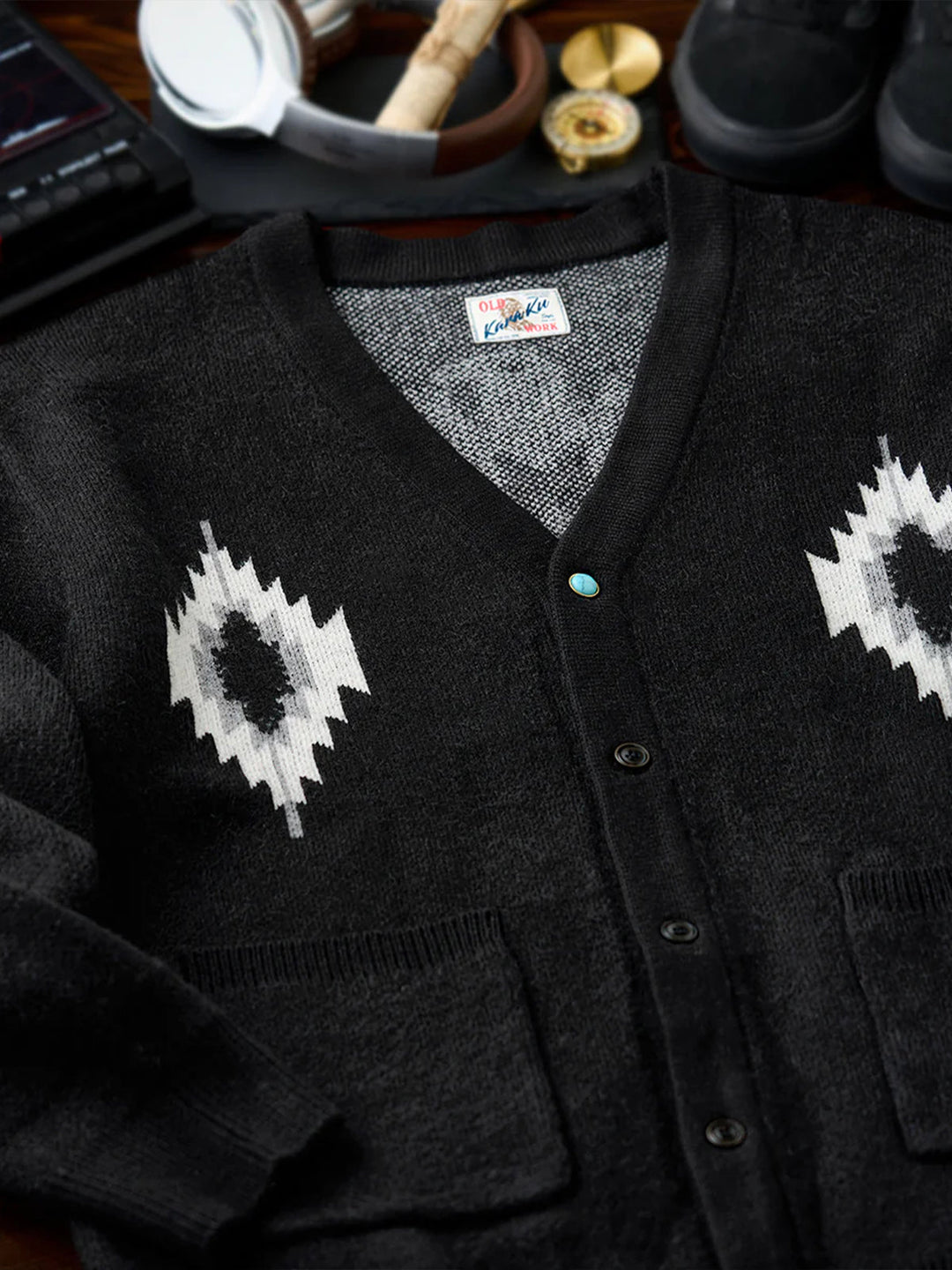 Jacquard Knit V-Neck Cardigan with Navajo &amp; Thunderbird Motifs