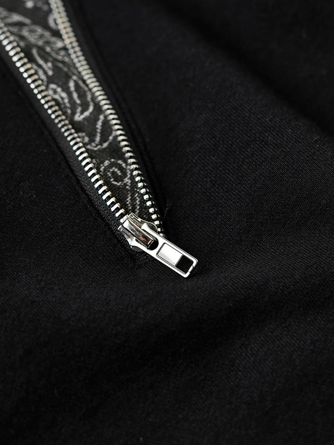 Paisley Pattern Denim Panel &amp; Zip Crewneck Pullover Sweatshirt