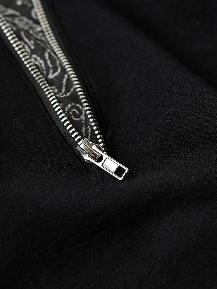 Paisley Pattern Denim Panel &amp; Zip Crewneck Pullover Sweatshirt
