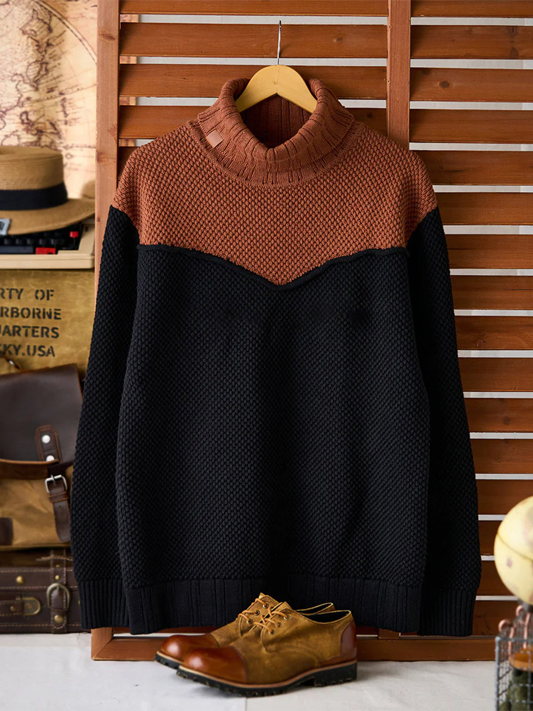 Colorblock Turtleneck Pineapple Knit Sweater with Leather Tag