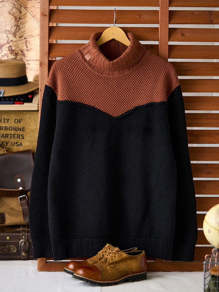 Colorblock Turtleneck Pineapple Knit Sweater with Leather Tag