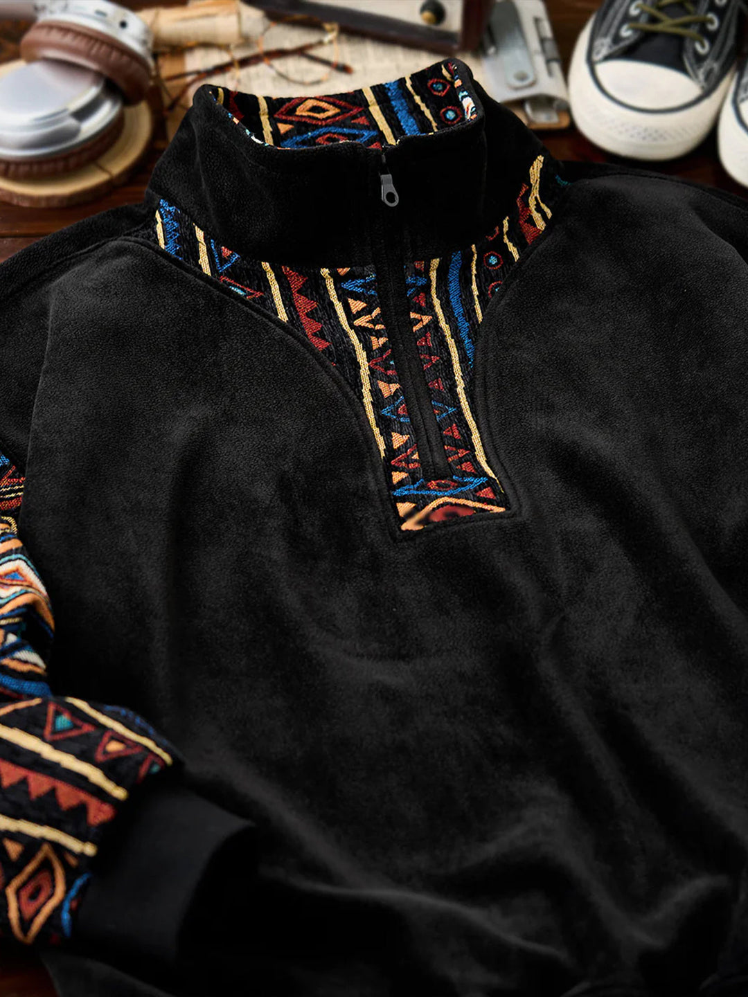 Ethnic Jacquard Combination Half-Zip Polar Fleece Sweatshirt
