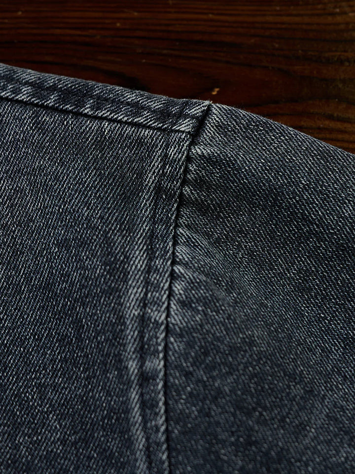 “Alley-oop” Sleeve Embroidery V-Gusset Stone-Washed Denim Sweatshirt