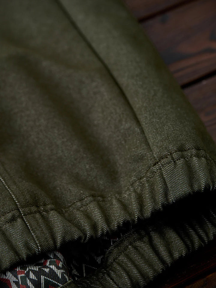 “KaraKu” Logo Embroidered Half-Zip Denim Sweatshirt with Navajo-Style Lining &amp; Elbow Patches
