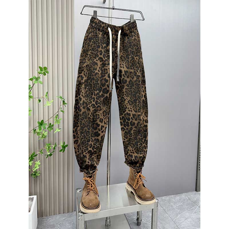 Leopard Print Jacquard Loose Straight Leg Casual Pants
