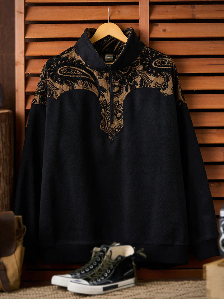 Paisley Pattern Mixed Material Western Half-Zip Fleece Pullover