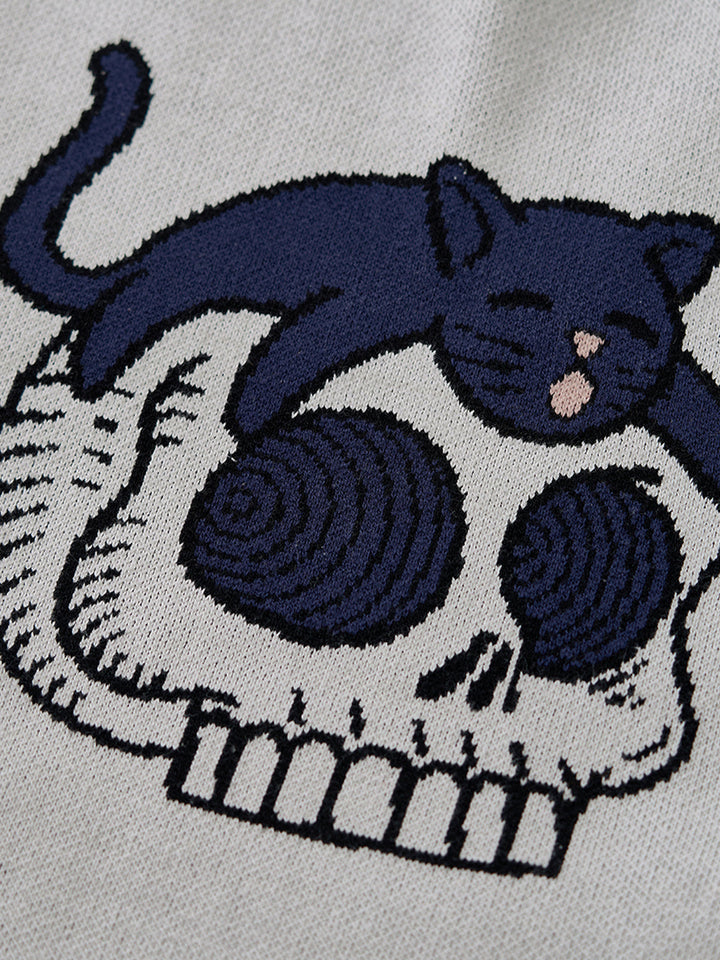 “Black Cat on Skull” Pop Art–Style Jacquard Knit Sweater
