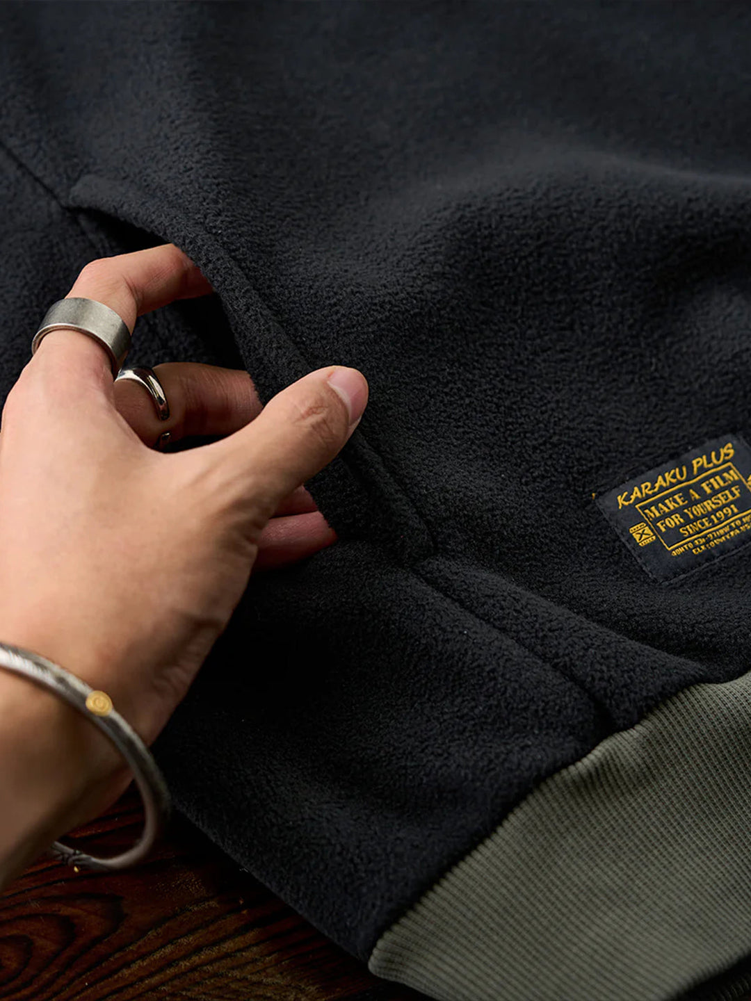 Knit-Contrast Double-Sided Brushed Fleece Hoodie