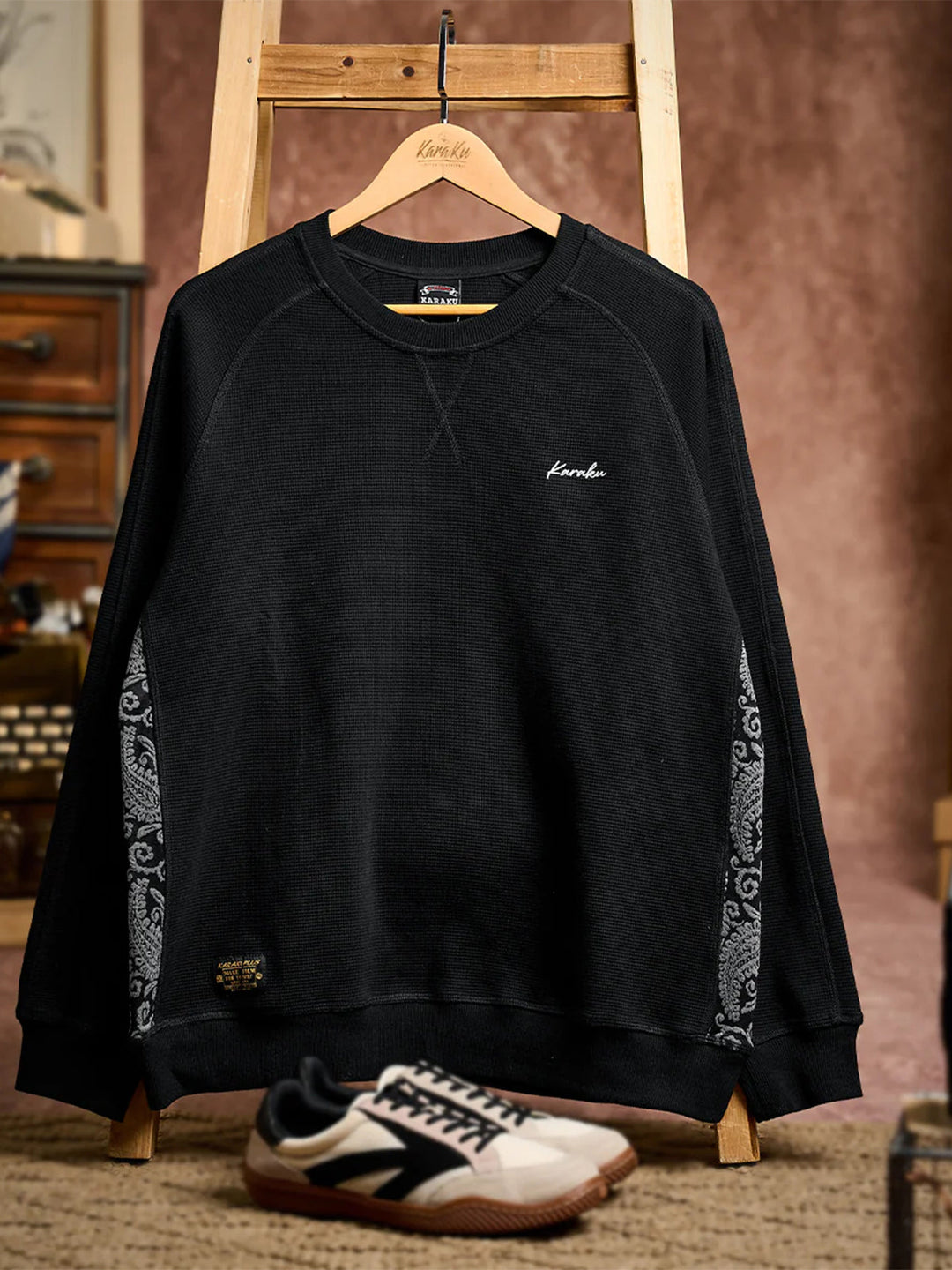 Jacquard Paisley Panel “KaraKu” Embroidered Mini Waffle Sweatshirt