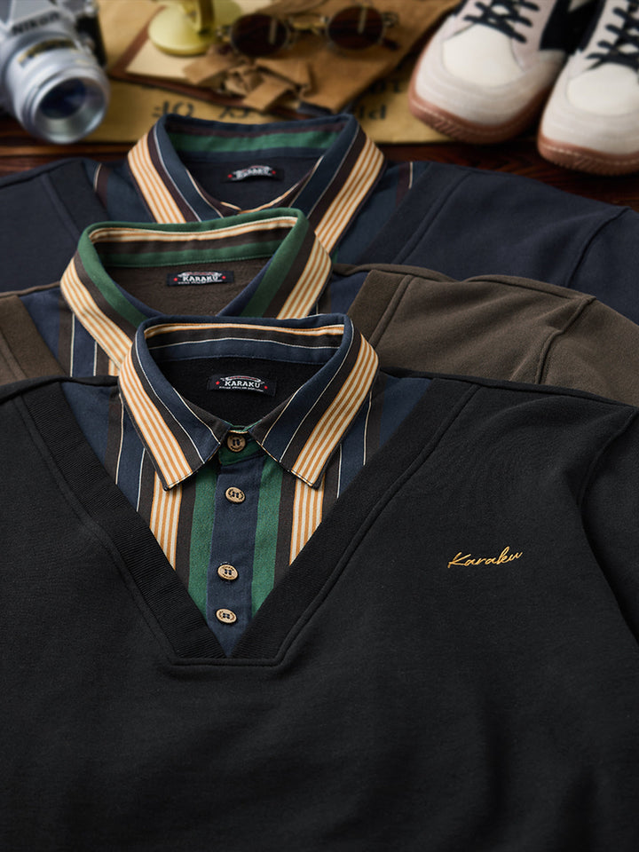 Faux-Layered V-Neck Sweatshirt with Multi-Stripe Shirt Detail