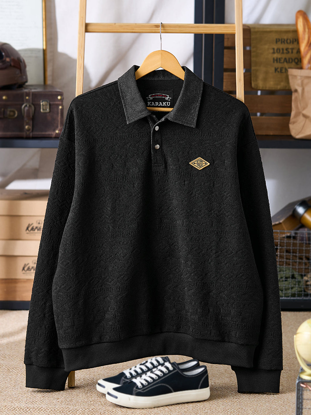 [Pre-Order] Ethnic Jacquard Half-Button Pullover Sweatshirt with Contrast Collar