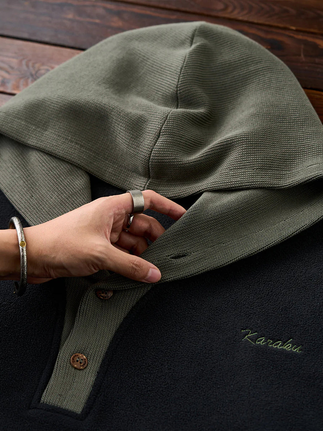 Knit-Contrast Double-Sided Brushed Fleece Hoodie