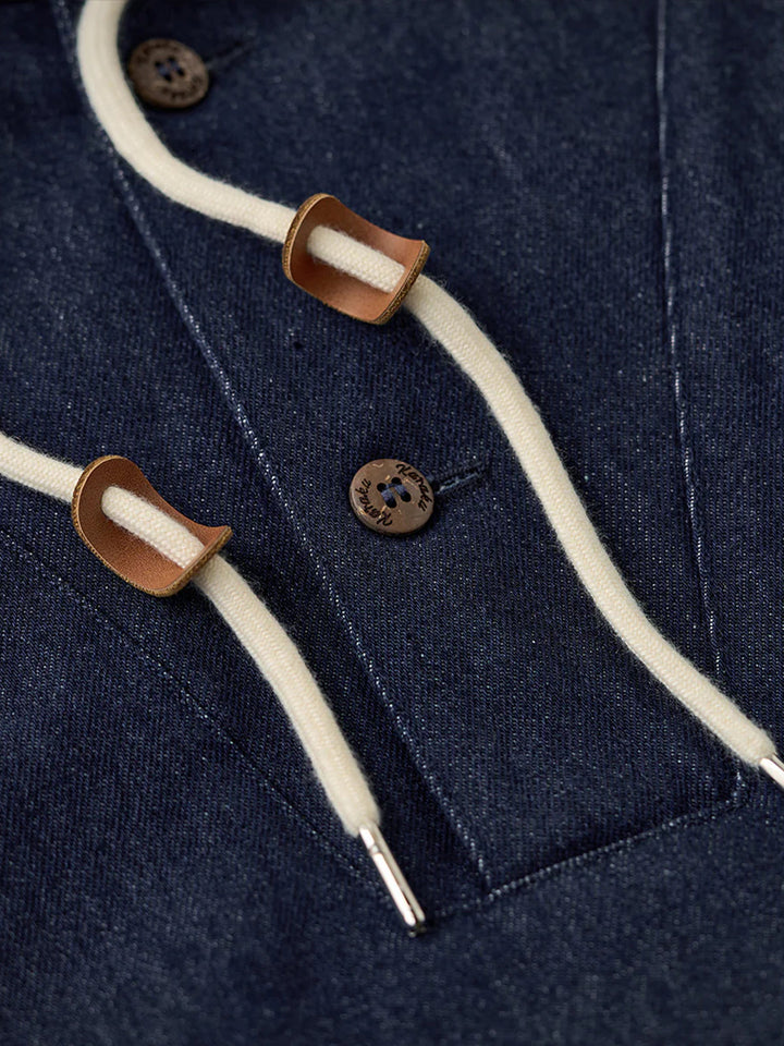 Washed Denim Hoodie with Half-Button and Side Slits