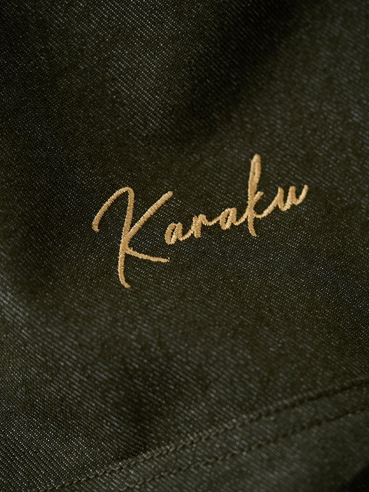 “KaraKu” Logo Embroidered Half-Zip Denim Sweatshirt with Navajo-Style Lining &amp; Elbow Patches