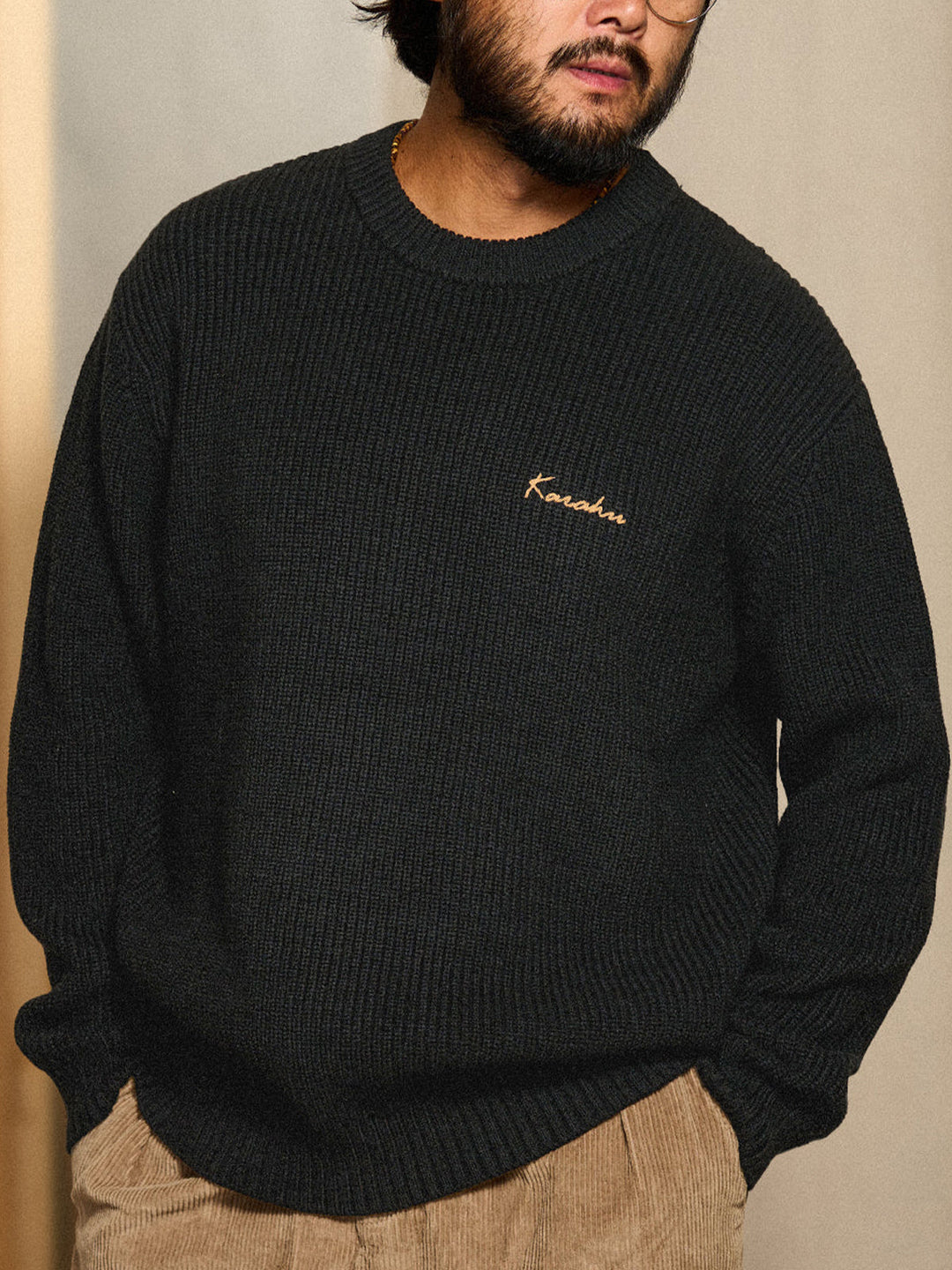Rib-Knit Sweater with “Karaku” Logo Embroidery