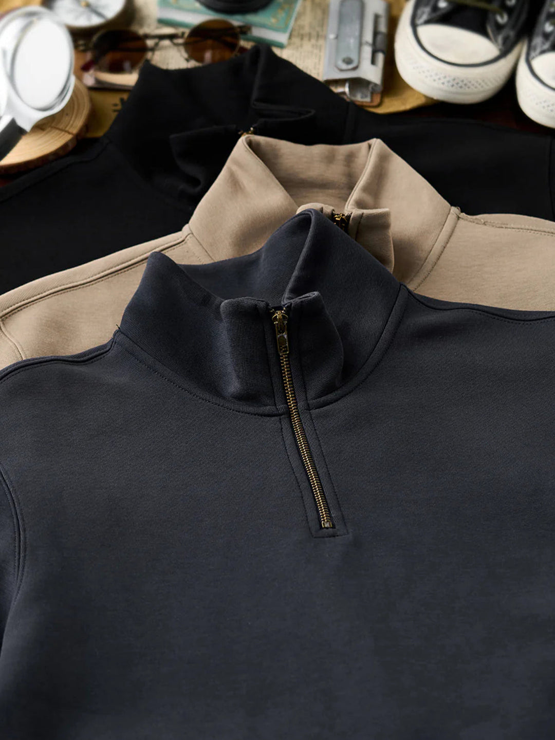 Air Layer Sweatshirt with Antique Bronze Half-Zip