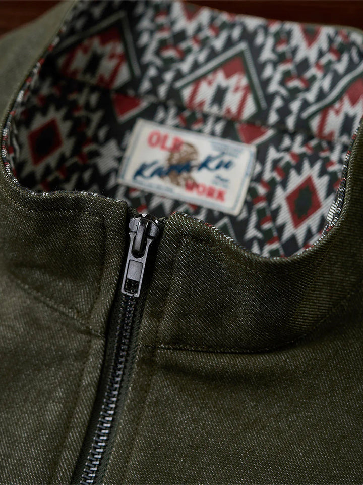 “KaraKu” Logo Embroidered Half-Zip Denim Sweatshirt with Navajo-Style Lining &amp; Elbow Patches