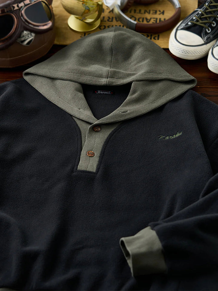 Knit-Contrast Double-Sided Brushed Fleece Hoodie