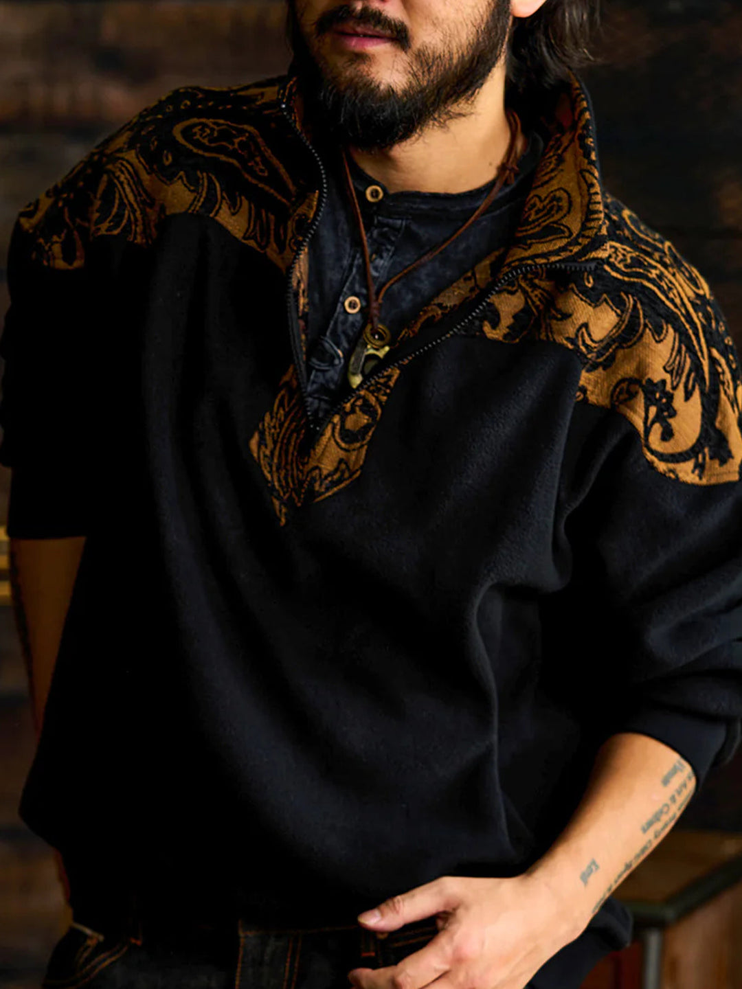Paisley Pattern Mixed Material Western Half-Zip Fleece Pullover