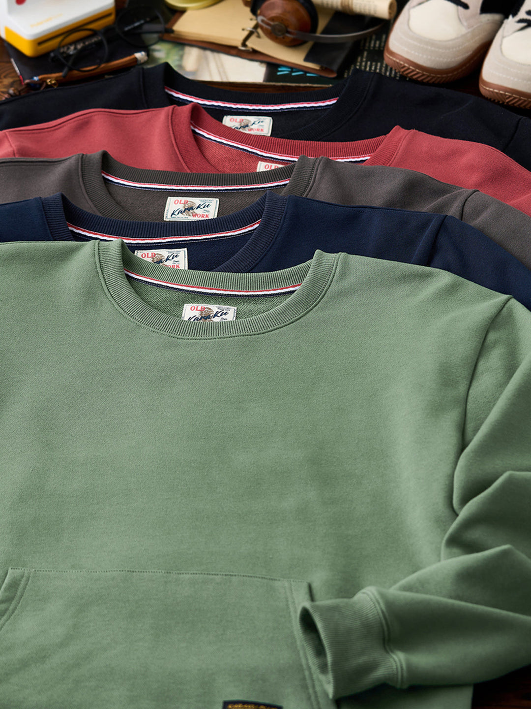 Heavyweight Crewneck Sweatshirt with Suede Elbow Patches and Loop-Back Lining
