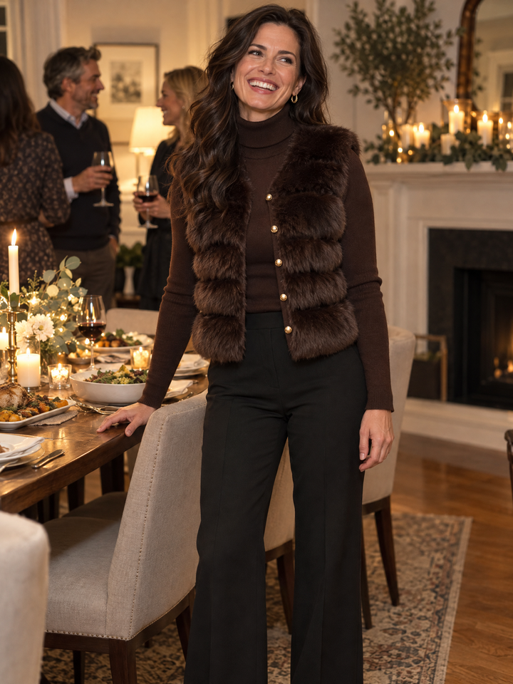 Turtleneck Knit Sweater And Faux Fur Vest Two-Piece Set