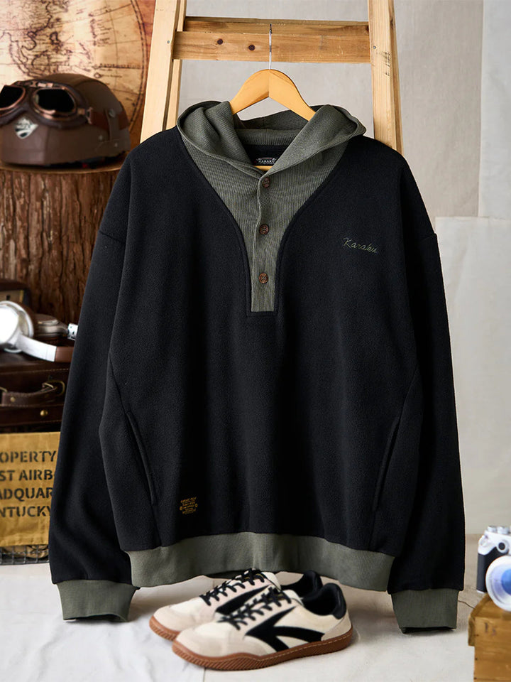 Knit-Contrast Double-Sided Brushed Fleece Hoodie