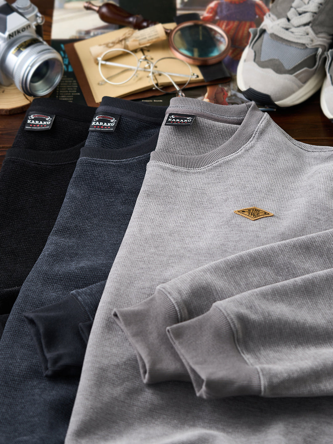 “STAY TRUE” Vintage Mini-Waffle Knit Sweatshirt