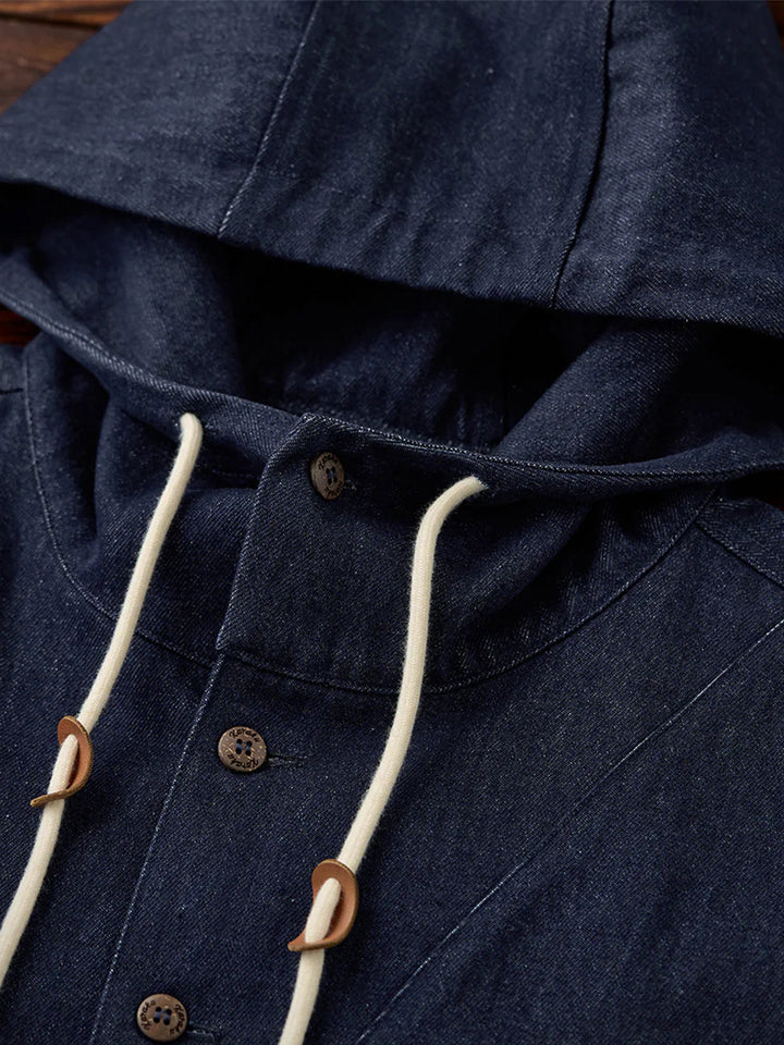 Washed Denim Hoodie with Half-Button and Side Slits