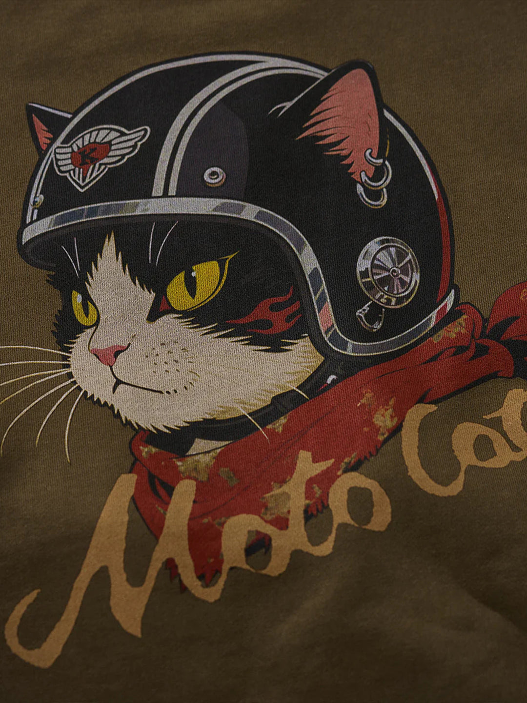 "Cat Wearing Helmet" Print &amp; Karaku Logo Embroidery V-Gusset Sweatshirt