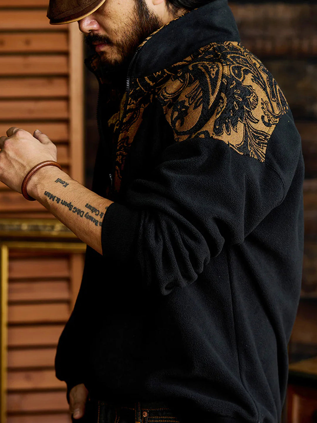 Paisley Pattern Mixed Material Western Half-Zip Fleece Pullover