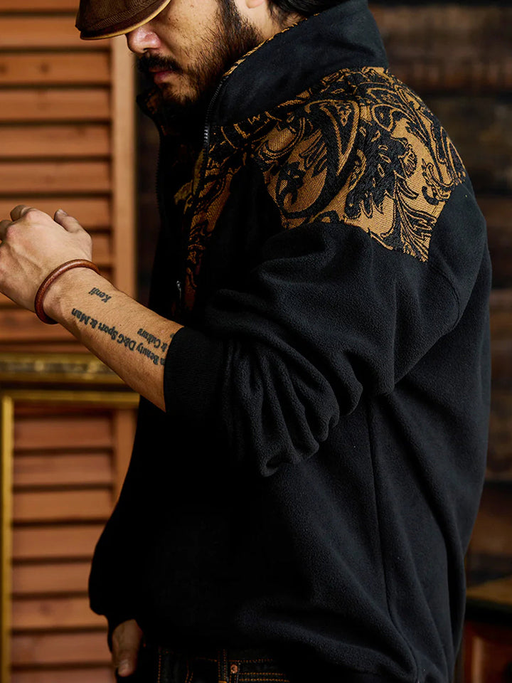 Paisley Pattern Mixed Material Western Half-Zip Fleece Pullover