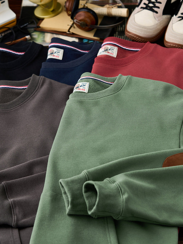 Heavyweight Crewneck Sweatshirt with Suede Elbow Patches and Loop-Back Lining