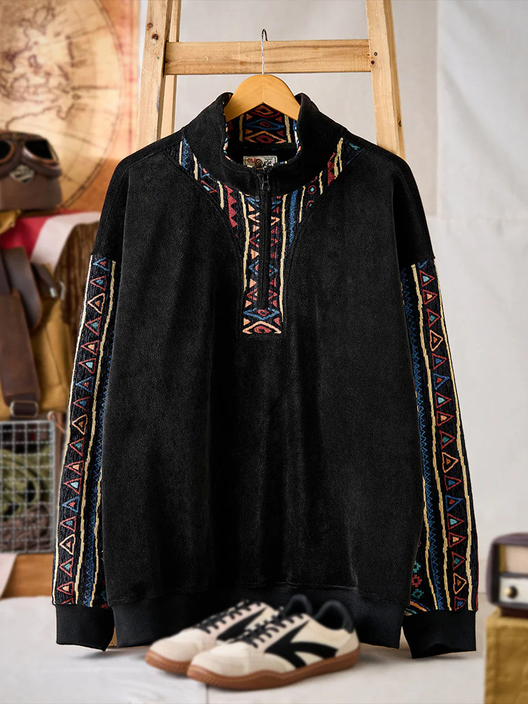 Ethnic Jacquard Combination Half-Zip Polar Fleece Sweatshirt