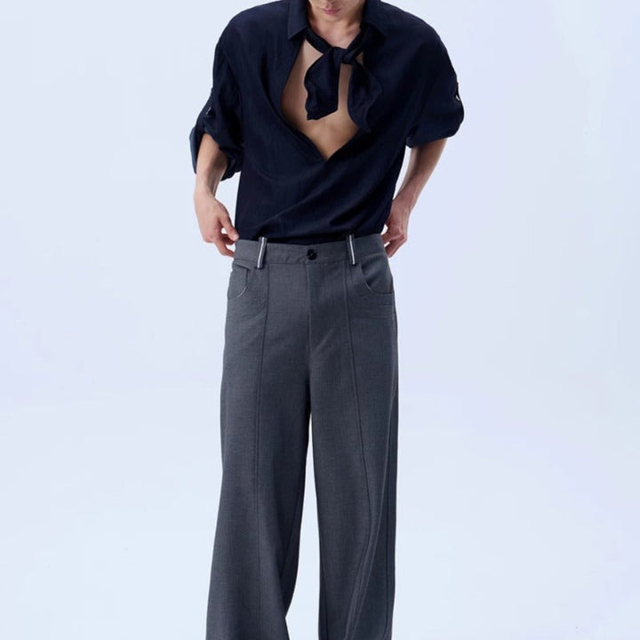 Deep V Neck Oversized Draped Tie Neck Shirt