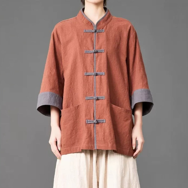 Cotton Linen Three Quarter Sleeve Frog Button Taichi Shirt