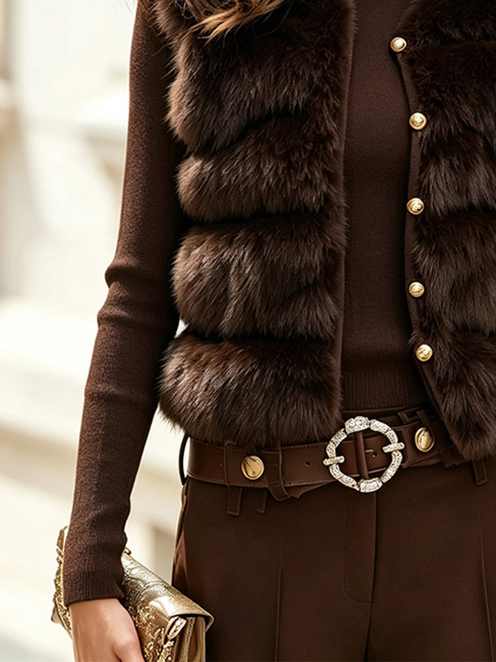 Turtleneck Knit Sweater And Faux Fur Vest Two-Piece Set