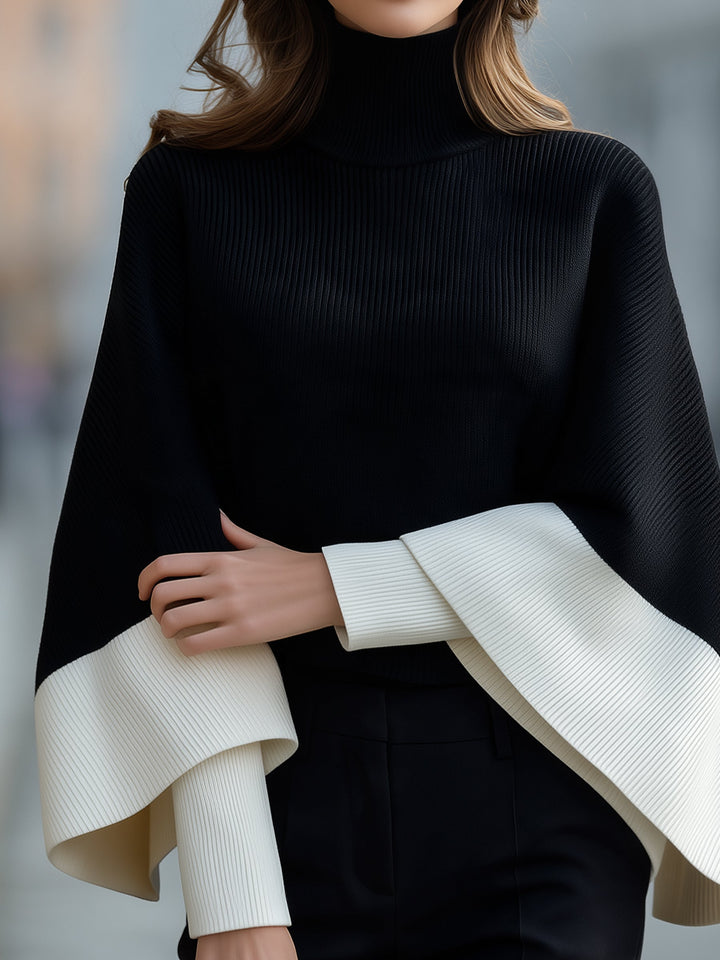 Turtleneck Batwing Cape Sweater Color Block Poncho Top