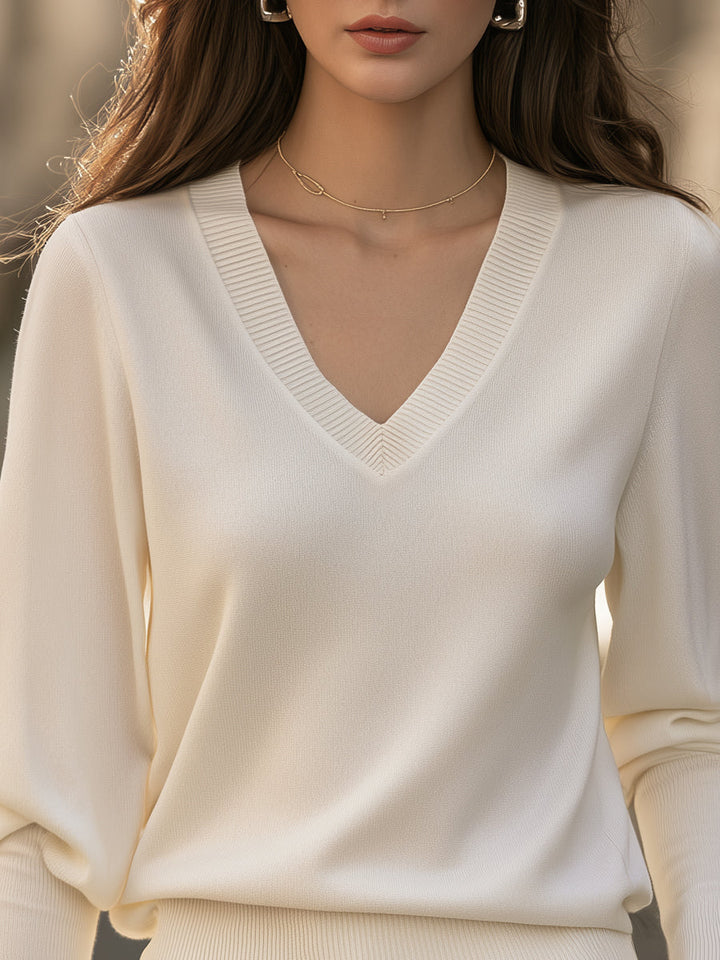 Refined V-Neck Long Sleeve Ribbed Knit Sweater