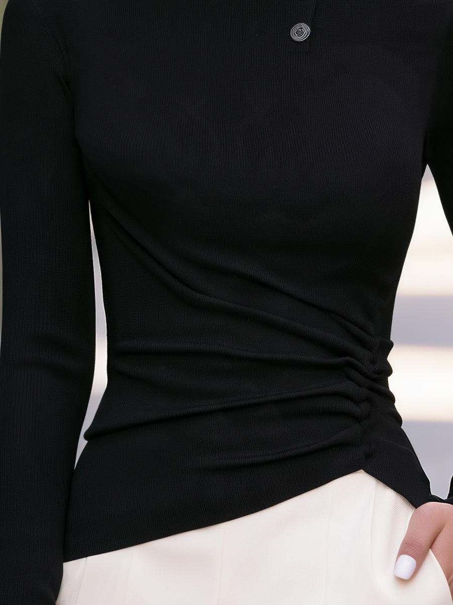 Ribbed Mock Neck Button Detail Ruched Knit Top
