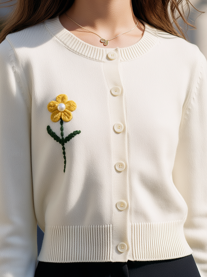 Elegant Floral Embroidered Button Front Knit Cardigan
