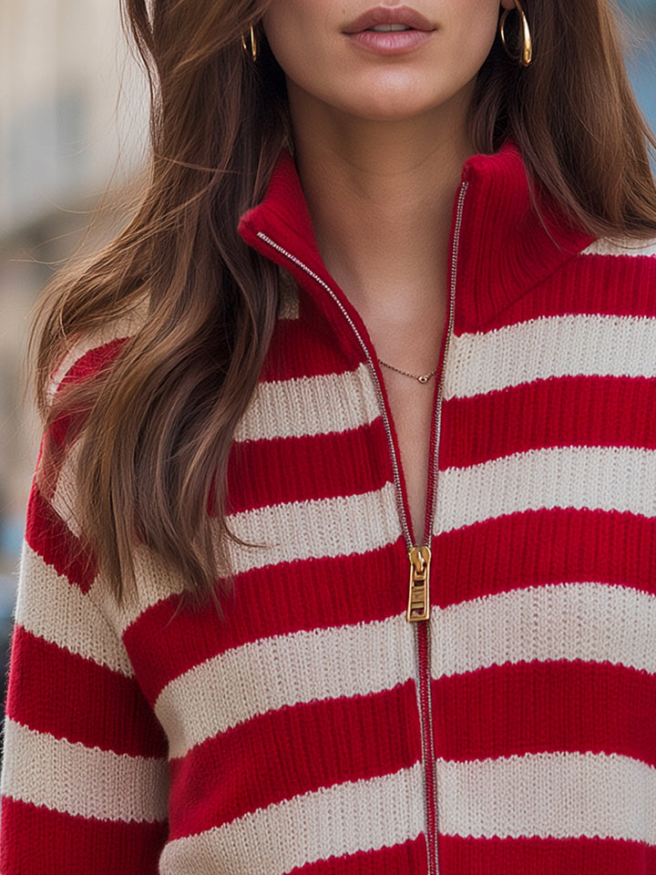 Striped Zip-Up Knit Cardigan
