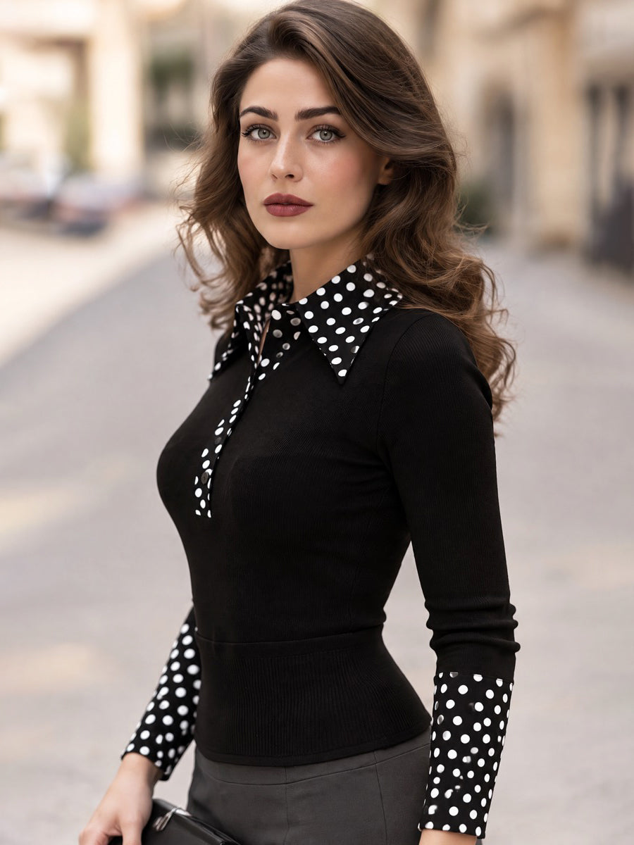 Elegant Black Polka Dot Collar Long Sleeve Slim Fit Knit Top