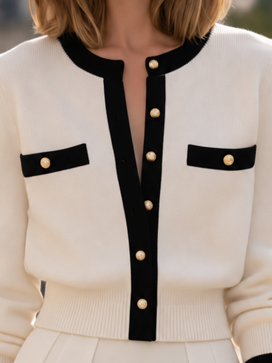 Contrast-Trim Pearl-Button Knit Cardigan