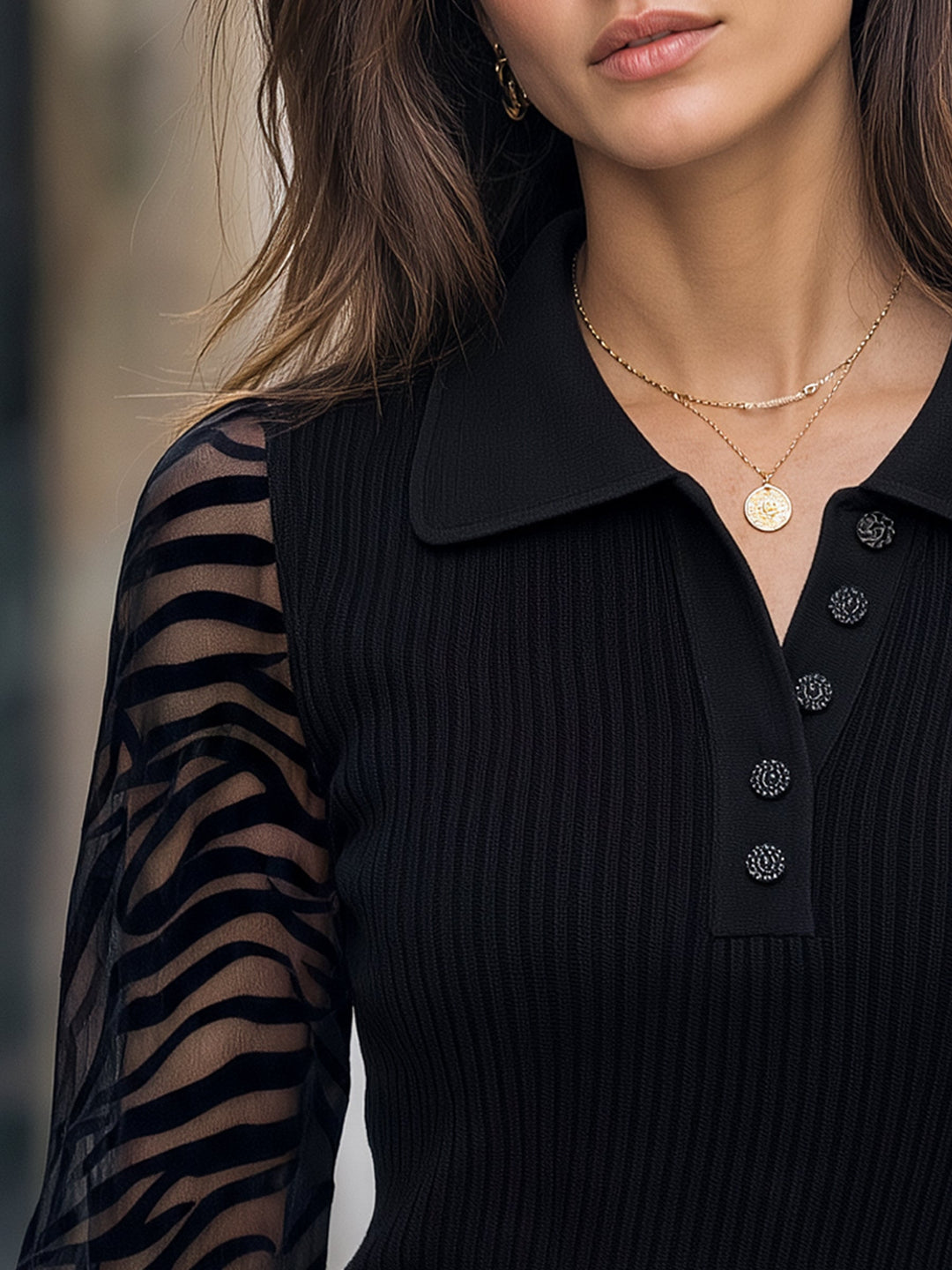 Sheer Zebra-Sleeve Ribbed Polo Sweater