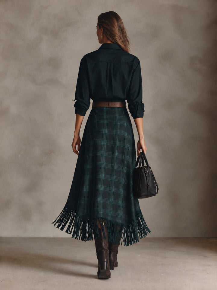 Women’s Long-Sleeve Shirt And Plaid Fringed Skirt Two-Piece Set