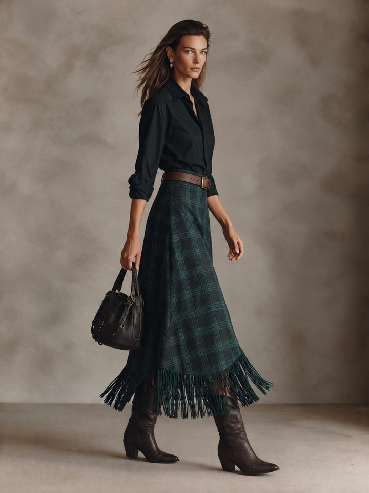 Women’s Long-Sleeve Shirt And Plaid Fringed Skirt Two-Piece Set