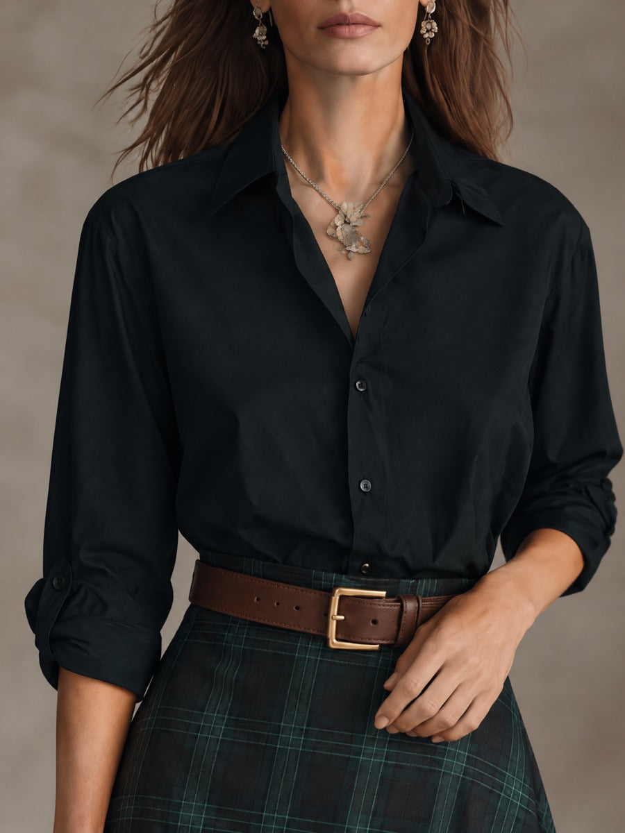 Women’s Long-Sleeve Shirt And Plaid Fringed Skirt Two-Piece Set
