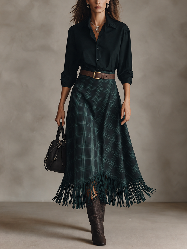 Women’s Long-Sleeve Shirt And Plaid Fringed Skirt Two-Piece Set