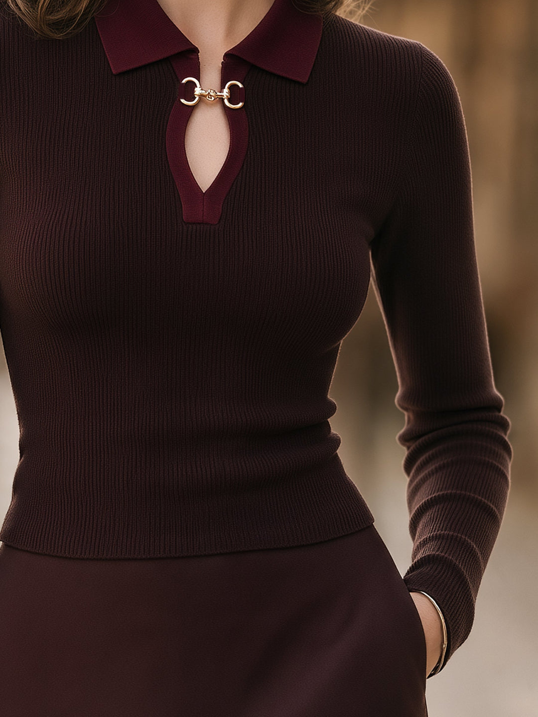 Keyhole Collar Ribbed Knit Sweater