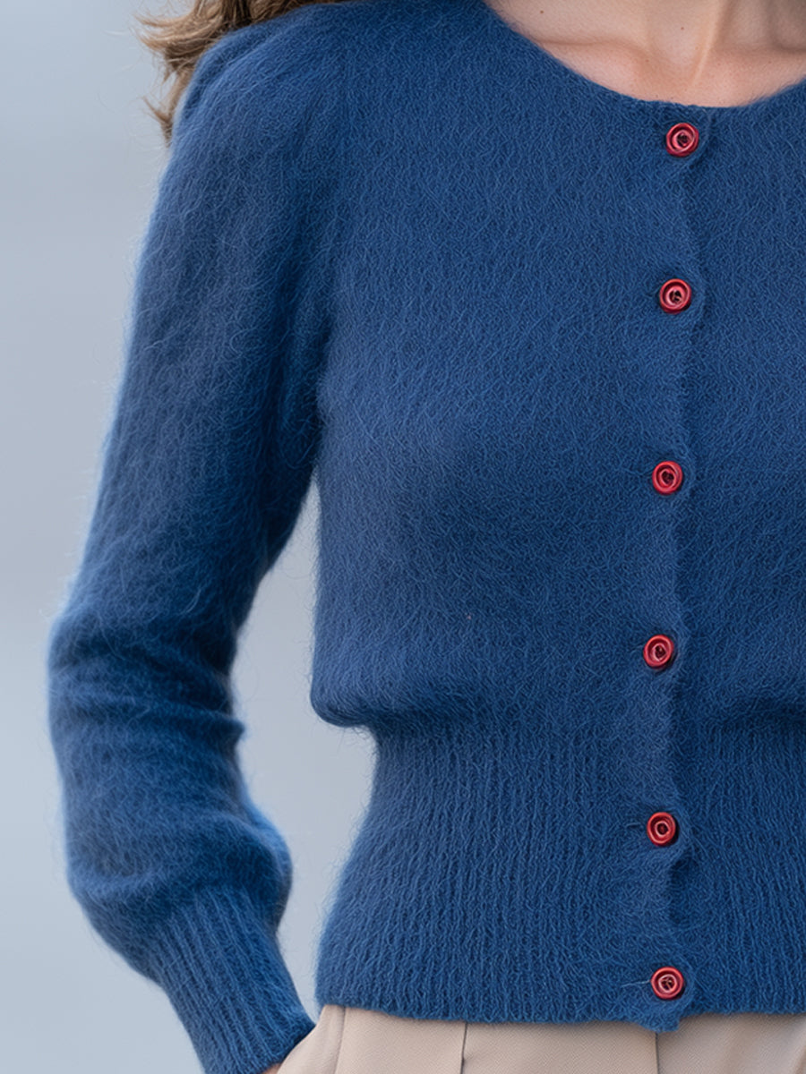 Elegant Rose Button Fuzzy Knit Waist-Defining Cardigan